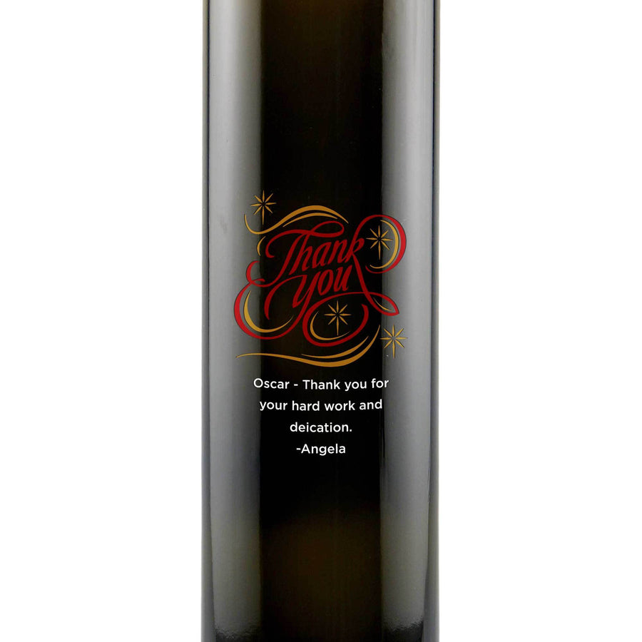 Thank You in a fancy swirl design on a customizable olive oil bottle by Etching Expressions