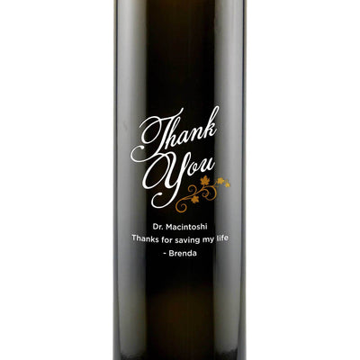 Thank You with vines design on personalized olive oil bottle thank you gift by Etching Expressions