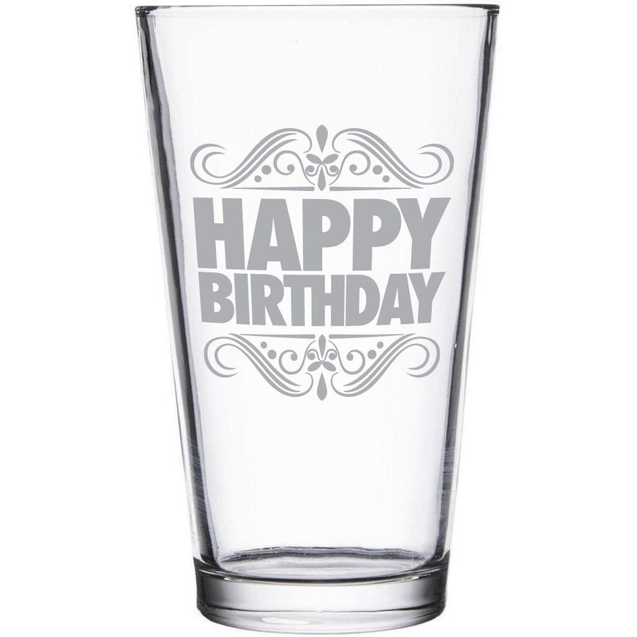 "Happy Birthday" blocky text etched pint glass by Etching Expressions