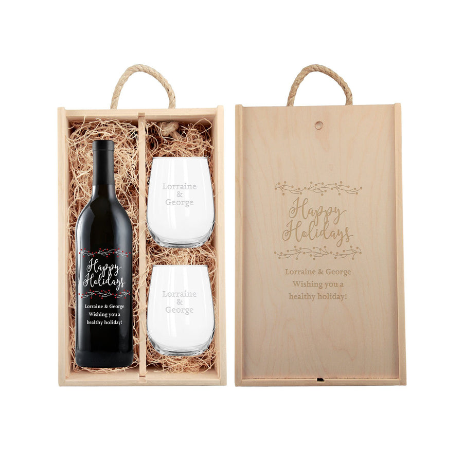 Custom holiday red wine gift set holly berries design with glassware