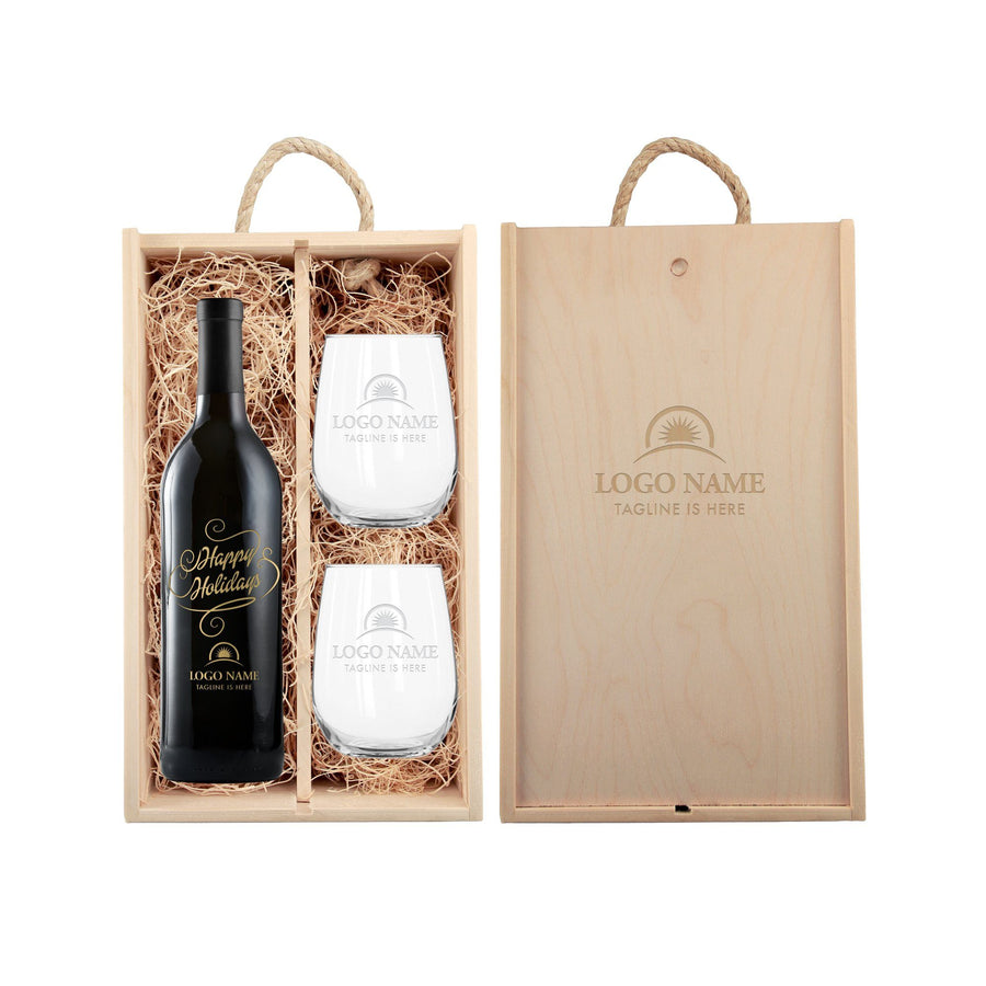 Custom etched red wine happy holidays with logo gift set