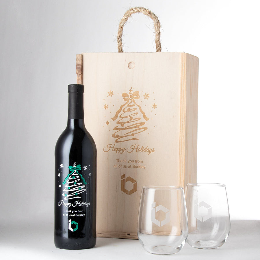 Happy Holidays Christmas tree swirl corporate red wine gift set with logo