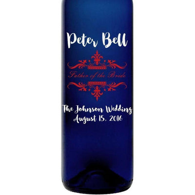 Father of the Bride traditional design custom etched blue wine bottle wedding favor by Etching Expressions