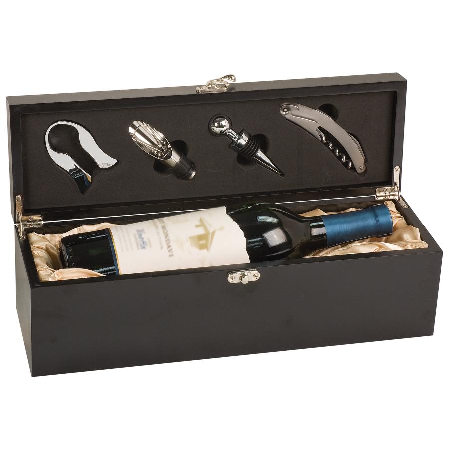 Black wooden wine box with tools gift box by Etching Expressions
